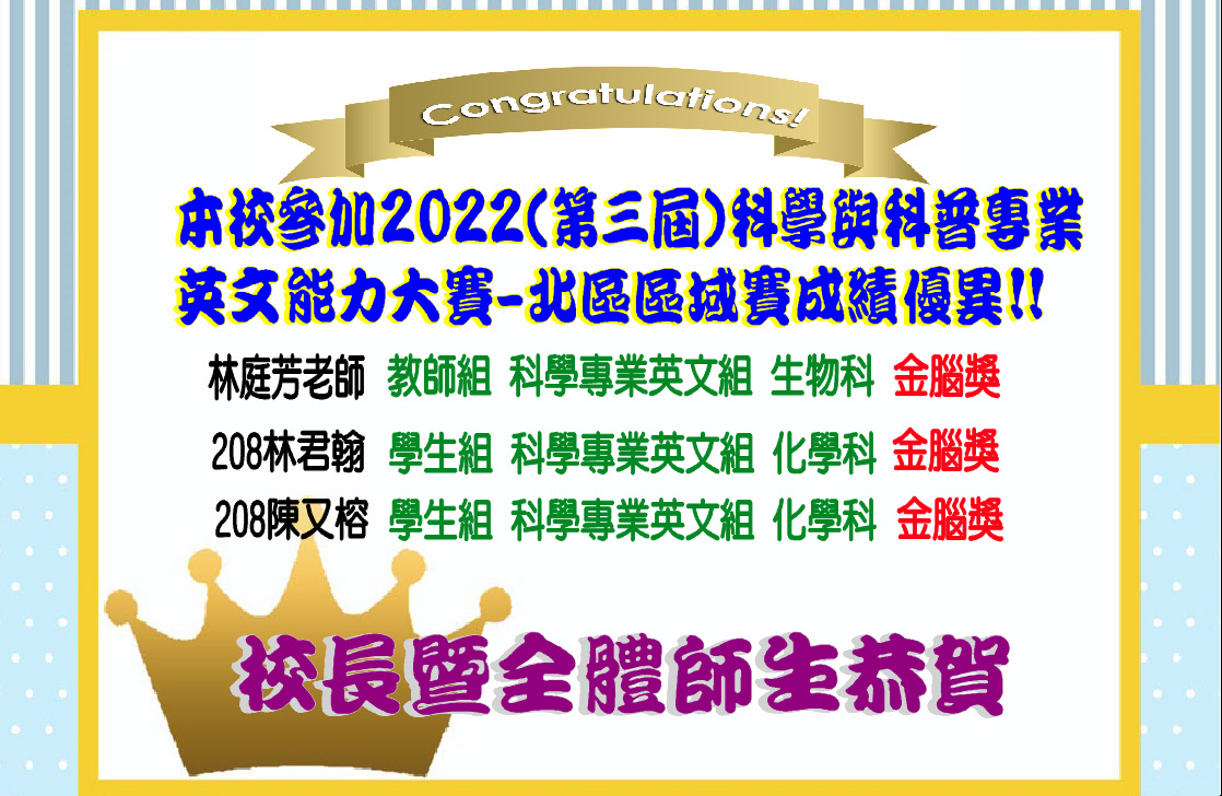 第三屆科學與科普專業英文能力大賽 成績優異